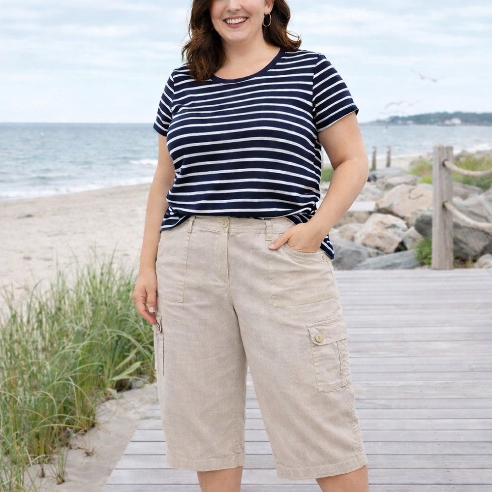 Liz Claiborne Linen Blend Capri Pants Cargo Women 14 Khaki Cottage Core Casual